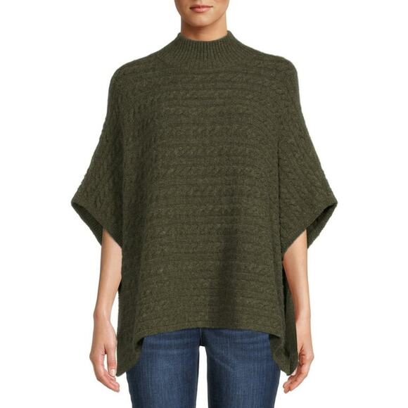 beachlunchlounge Olive Green Mock Neck Cable Knit Poncho Sweater Size M - Picture 1 of 10